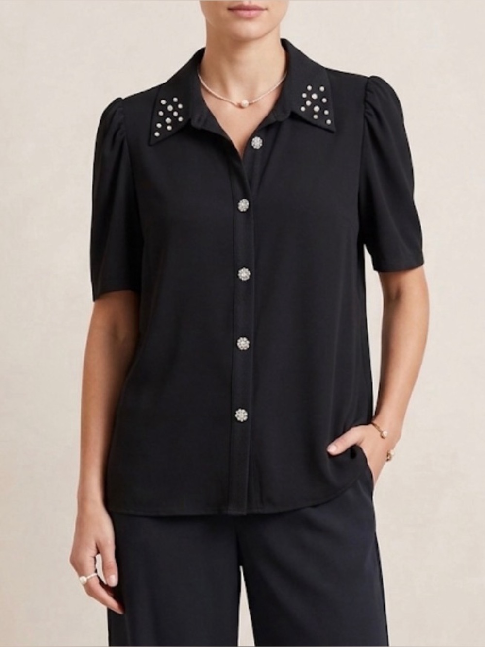 89th & Madison Black Stud-Accent Button Down Shirt